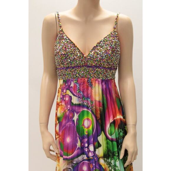 Beaded phsychedelic Full Sweep Gown sz 8 Tall Cinderella Mardi Gras Formal Prom - Picture 3 of 15